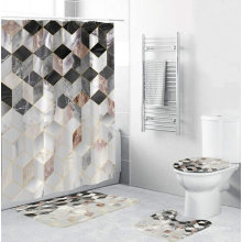 4pcs Duschvorhang, Toilettendeckelabdeckungssets mit rutschfesten Teppichbadematten Badezimmer, Haken, Polyester Duschvorhang Set